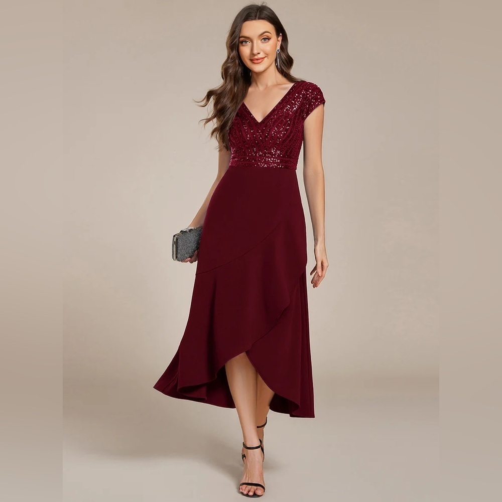 🆕Short Sleeve V-Neck Midi Sequin Formal Dress